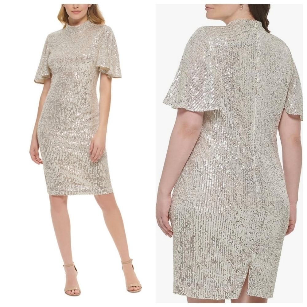 Eliza J Women's Sequinedβ Flutter-Sleeve Mock Neck Cocktail Dress Size 10
